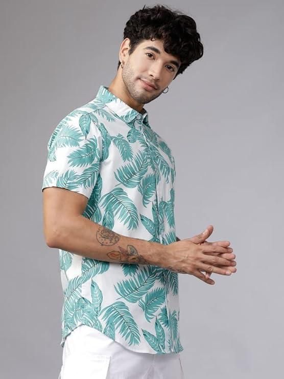 Men's Printed Half Sleeves Regular Collar Casual Shirt White & Light Green